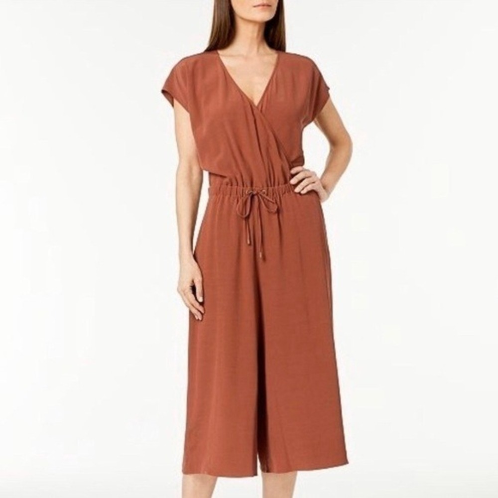 Eileen Fisher Jumpsuit Womens Medium Terracotta Tencel Wrap V-Neck Wide Leg‎